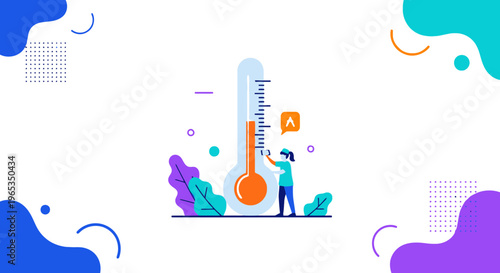 Small figure interacts with an oversized thermometer showing high temperature, symbolizing concepts of fever monitoring and global warming awareness.