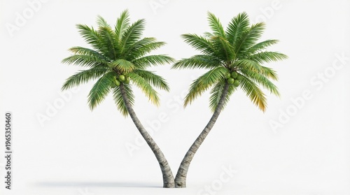 Two green palm trees on white background tropical plants with lush foliage