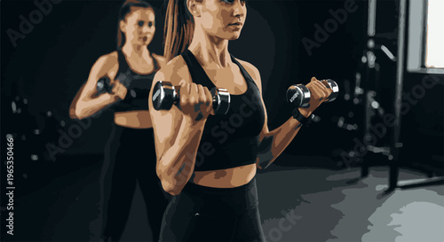 Two women lifting dumbbells in a gym