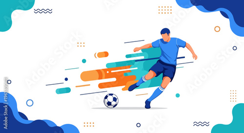 Soccer player aggressively kicks a ball forward leaving colorful motion trails in an energetic graphic representation.