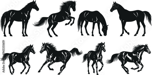 Black Horse Silhouette Vector Set Featuring Galloping Running Rearing and Grazing Stallions Isolated on White Background for Elegant Equestrian Graphic Design and Illustration Projects