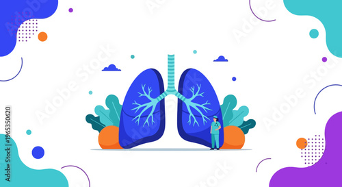 Small medical professional stands beside a large stylized representation of human lungs emphasizing respiratory health awareness.