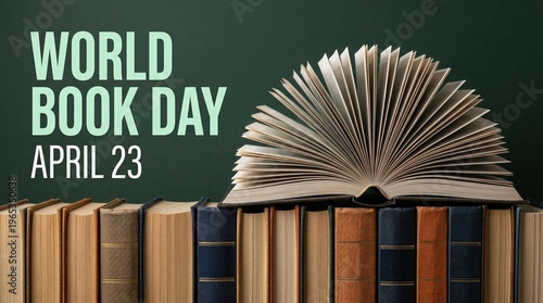 World book day april 23 open book on top of stacked books reading celebration