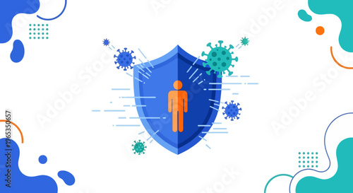 Stylized human figure icon is protected by a large blue shield warding off multiple representations of virus particles in a digital security concept.