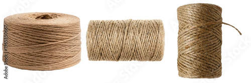 Natural jute twine spools, essential for crafting, gift packaging, and rustic decor, isolated on transparent background.