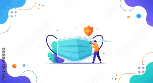 Small person defends a giant protective face mask illustration symbolizing health security and pandemic prevention measures.