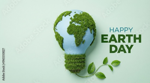 Earth day concept with green globe lightbulb and leaves on mint background