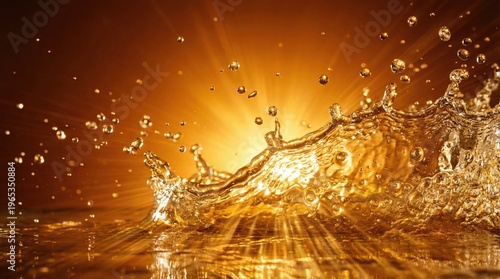 Golden liquid splash with sunlight shining through creating a dynamic and vibrant effect with water droplets in mid air