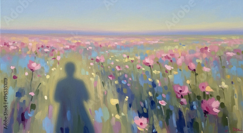 Impressionist Oil Painting of Person's Shadow Over Vibrant Wildflower Meadow Landscape