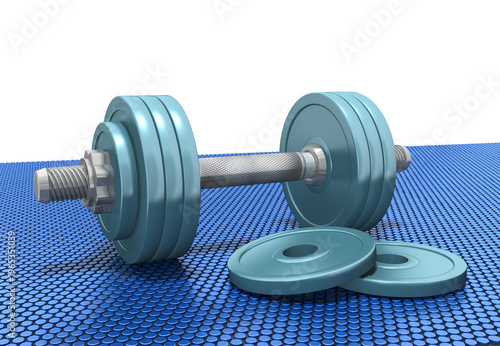 3d Hanteln für das Fitnessstudio mit 2 Gewichten und einer Fitnessmatte, isoliert auf transparentem Hintergrund