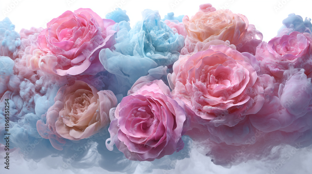 Fototapeta premium A horizontal array of colorful smoky roses in pastel hues.