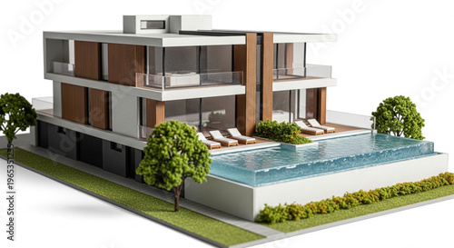 Modern Luxury Villa Architectural Scale Model with Infinity Pool and Minimalist Contemporary Design on White Background