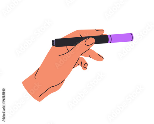 Person holds purple felt tip pen. Human hand with closed violet marker or text highlighter. Artist with stationery, art tool for drawing and painting. Flat isolated vector illustration on white
