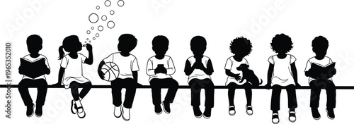 Black silhouette of diverse group of children sitting on a line reading books blowing bubbles holding basketball using smartphone playing with puppy dog pet.