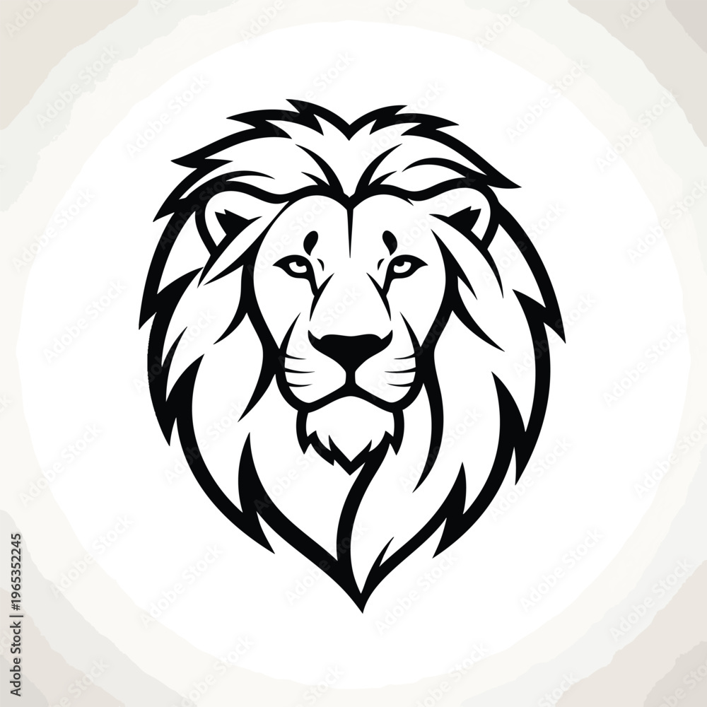 Obraz premium A fierce illustration of a lion's head rendered in bold black and white. The mane and facial features are stylized. It has a round, beige background