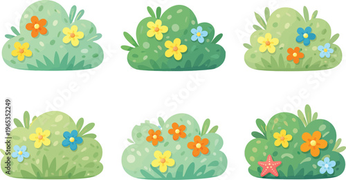 Cartoon garden bush collection with colorful flowers, set of 6 green shrubbery vector icons, spring floral vegetation