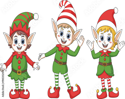 Christmas elf characters vector set, cute cartoon helpers in festive costumes holiday design