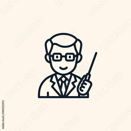 A flat-design illustration of a person wearing glasses and a suit holding a pointer stick, ready to present