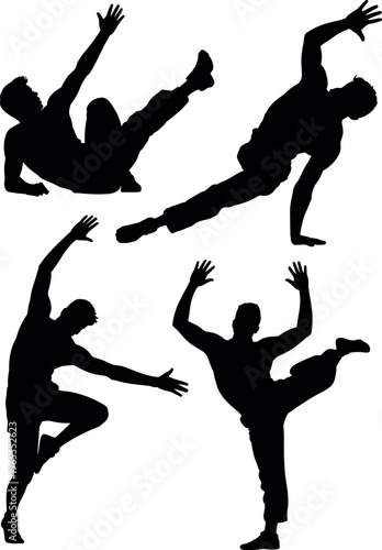 Black silhouette collection of men performing dynamic dance moves and athletic parkour stunts isolated on white background for sports fitness and lifestyle design