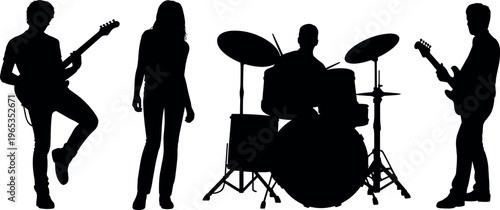 Black silhouette collection of a rock music band featuring guitarists a singer and a drummer performing isolated on white background for concert and festival design