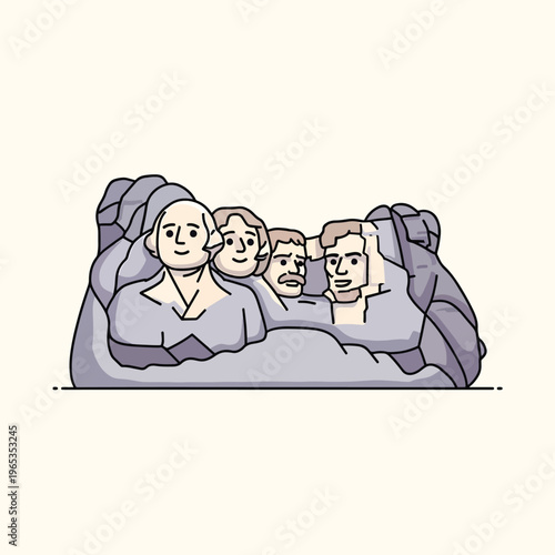 A flat cartoon illustration of a stone mountain with four faces. The presidents are carved into the grey-purple stone