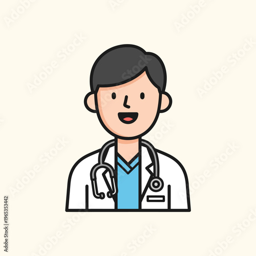A flat-design illustration of a smiling person wearing a medical coat and a stethoscope, suggesting a healthcare provider