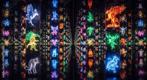Immersive Infinity Mirror Room with Glowing Neon Mythical Creatures and Animals Light Art Installation