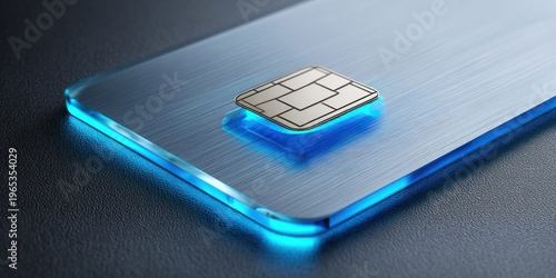 Close-up of a futuristic SIM card with glowing blue light on a metallic surface
