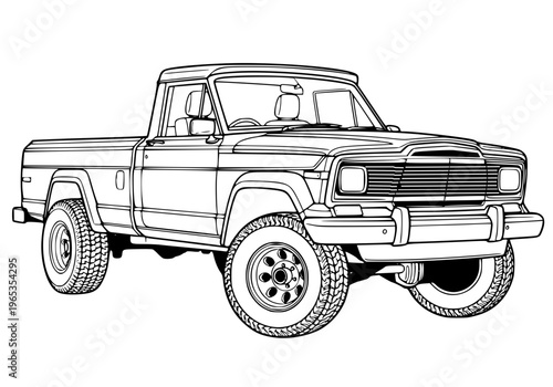 Classic Retro Pickup Truck Outline Vector Illustration, Bold Black and White Line Art of a Vintage 4x4 Truck