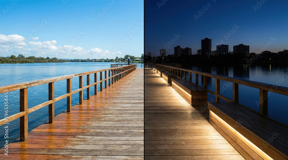 Fototapeta premium Wooden pier with benches by water contrasting day and night