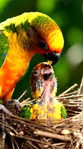 Parent bird feeding its young chick in a nest