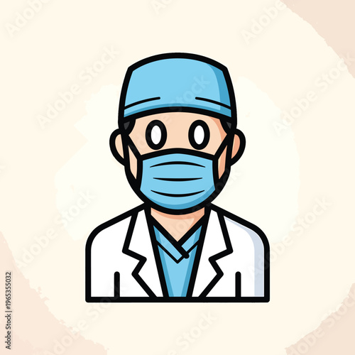A flat illustration depicts a medical professional. The person wears a light blue cap, face mask, and scrubs under a white coat. The artwork has a simple, clean design