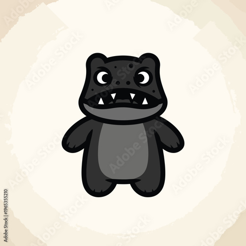 A cute, yet slightly scary cartoon monster illustration. It has a rounded body, small arms, and menacing white teeth. Its eyes are large