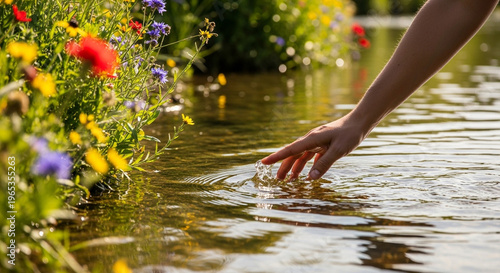 Serene Close-Up of a Hand Touching Clear Water Surface with Colorful Wildflowers and Soft Sunlight