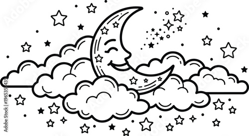 Smiling Crescent Moon & Clouds Coloring Page