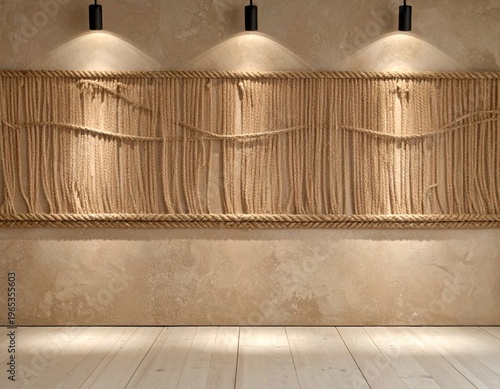 Beige Textured Wall With Hanging Rope Art Three Spotlights Above