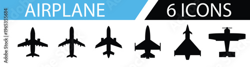Set of 6 airplane abstract banners featuring airplane silhouettes and aviation icons over a stylized sky background for travel and business transportation design