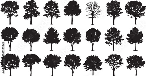 set of diverse tree silhouettes flat design vector illustration