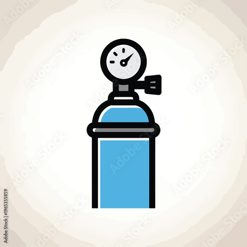 A medical equipment illustration depicting a blue cylinder with a black valve and gauge. The background shows a simple beige texture