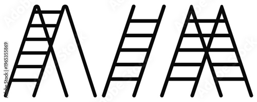 Ladder Icon Set in Line, Silhouette and Flat Styles Vector Collection Featuring Step Ladder and Folding Ladder 
for Construction, Repair and Industrial Tool Design