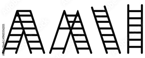 Ladder Icon Set in Line, Silhouette and Flat Styles Vector Collection Featuring Step Ladder and Folding Ladder 
for Construction, Repair and Industrial Tool Design