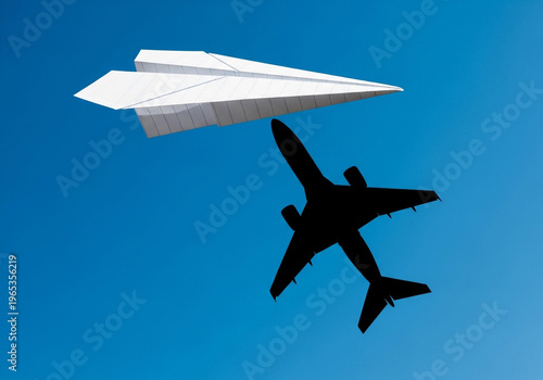 Conceptual Paper Plane and Jet Silhouette Against Blue Sky Representing Ambition, Dreams, and Business Growth