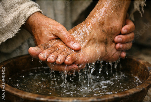 Jesus Washing Disciples Feet. Maundy Thursday Humility Christian Biblical Scene