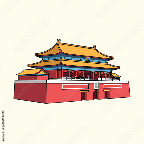 A flat-style illustration depicting a large, traditional building with a layered roof, red walls, and lanterns. A monument is in view