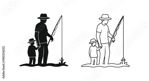 Father and son fishing together outdoors Vector