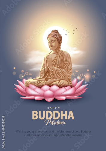 Happy Vesak Day, Buddha Purnima wishes greetings with buddha and lotus illustration. Can be used for poster, banner, logo, background, greetings, print design. abstract illustration design.