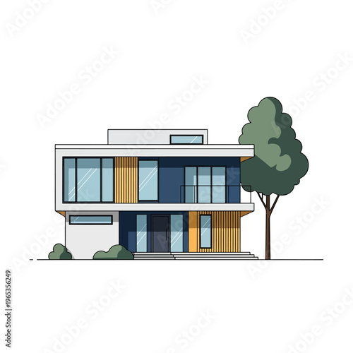 A modern two-story home with large glass windows, wooden accents, and a blue facade.  A leafy tree and shrubs are adjacent to the structure