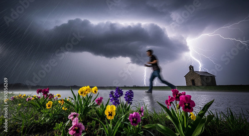 Dramatic Lightning Storm with Man Running for Shelter Past Colorful Spring Flowers and Stone Chapel