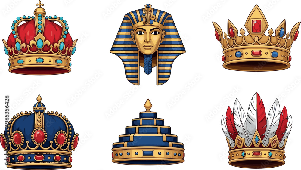 Fototapeta premium Royal crowns and ancient Egyptian pharaoh mask collection with golden jeweled tiaras ceremonial headpieces vector illustration set isolated