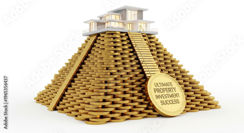 Ultimate Property Investment Success Concept with Luxury House atop Golden Coin Pyramid
